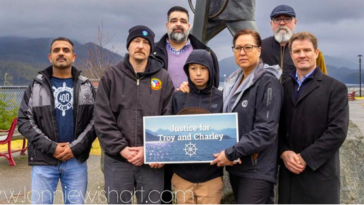 A gathering was held at Mariners Park in Prince Rupert to commemorate Troy Pearson and Charley Cragg's lives and advocate for better safety regulations for workers on commercial vessels on the coast.