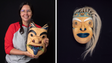 Ts'ima'anta 'ol smmaay (bear likes blueberries) being held on the left. Baa’lax (Reincarnate) on the right.