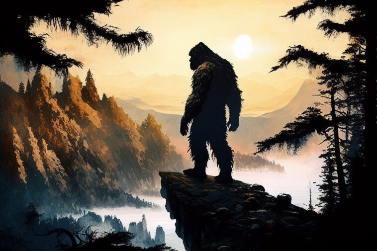 Sasquatch silhouette standing on cliff ledge