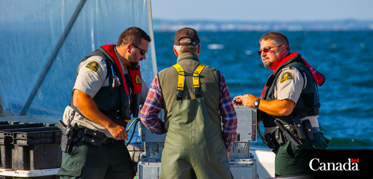 DFO officers performing compliance checks on the water to remind harvesters of the importance of following regulations and licence conditions, and to educate on marine mammal regulations. While electronic monitoring and digital systems are essential for DFO work, having a presence on the waters is just as important. Source: Fisheries and Oceans Canada on Facebook.