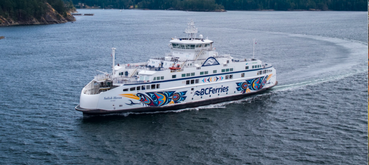 The Salish Heron is the newest ferry in the BC Ferries fleet. The artwork on the sides is by Coast Salish artist Maynard Johnny Jr. This vessel is part of the Salish class fleet, which honours the Coast Salish people as the traditional stewards and original mariners of the Salish Sea. With a capacity for 138 vehicles and 600 passengers/crew, the Salish Heron boasts a quiet operation and smooth sailing experience for passengers while being environmentally friendly with its low hydrodynamic resistance and small wake.