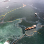 An aerial view of the Nathan E. Stewart spill and cleanup efforts